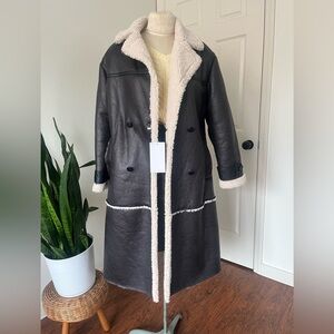 NWT Bershka Black and Cream Faux-Shearling long coat
